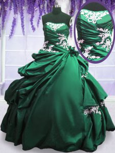 Wonderful Green and Dark Green Taffeta Lace Up Strapless Sleeveless Floor Length Quinceanera Dresses Appliques and Pick Ups