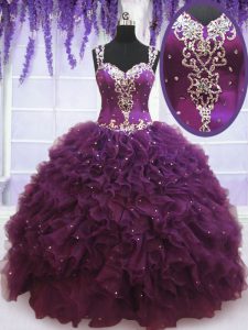 Colorful Purple Straps Zipper Beading and Ruffles Quinceanera Gowns Sleeveless