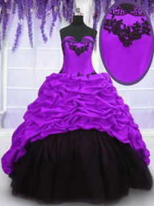Free and Easy Purple Ball Gowns Sweetheart Sleeveless Taffeta With Train Sweep Train Lace Up Appliques and Pick Ups 15 Quinceanera Dress
