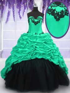 Turquoise Ball Gowns Appliques and Ruffles and Pick Ups Quinceanera Gowns Lace Up Taffeta Sleeveless With Train