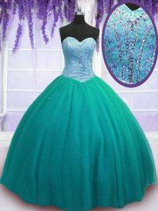 Sleeveless Tulle Floor Length Lace Up Quinceanera Gown in Turquoise with Beading