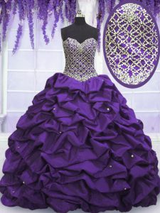 Flare Eggplant Purple Ball Gowns Taffeta Sweetheart Sleeveless Beading and Sequins and Pick Ups Floor Length Lace Up 15th Birthday Dress