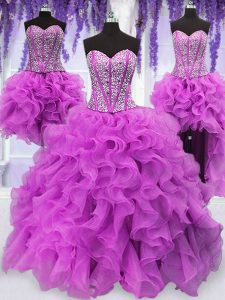 Four Piece Sleeveless Organza Floor Length Lace Up Quinceanera Gowns in Fuchsia with Ruffles and Sequins