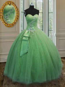Flare Beading and Ruching and Bowknot 15th Birthday Dress Yellow Green Lace Up Sleeveless Floor Length