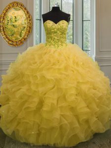Free and Easy Beading and Ruffles Vestidos de Quinceanera Gold Lace Up Sleeveless Floor Length