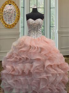 Smart Peach Lace Up Ball Gown Prom Dress Beading and Ruffles Sleeveless Floor Length
