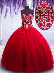 Clearance Red Sleeveless Floor Length Beading Lace Up Sweet 16 Dress
