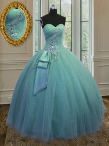 Most Popular Floor Length Turquoise 15th Birthday Dress Tulle Sleeveless Beading and Ruching and Bowknot