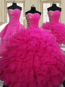 Hot Selling Four Piece Hot Pink Sleeveless Floor Length Beading Zipper Vestidos de Quinceanera