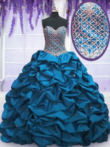 Blue Taffeta Lace Up 15 Quinceanera Dress Sleeveless Floor Length Beading and Sequins and Pick Ups