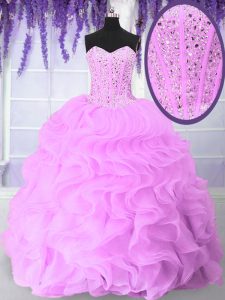 Glamorous Lilac Organza Lace Up Sweetheart Sleeveless Floor Length 15th Birthday Dress Beading and Ruffles