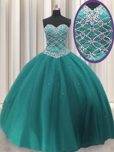 Fashionable Sleeveless Tulle Floor Length Lace Up Quinceanera Gowns in Teal with Beading and Sequins