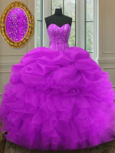 Romantic Beading and Ruffles and Pick Ups Quinceanera Dresses Fuchsia Lace Up Sleeveless Floor Length