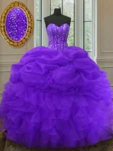 Stunning Purple Ball Gowns Sweetheart Sleeveless Organza Floor Length Lace Up Beading and Ruffles and Pick Ups Sweet 16 Dresses
