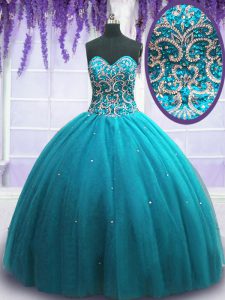 Teal Tulle Lace Up Sweetheart Sleeveless Floor Length Sweet 16 Quinceanera Dress Beading
