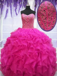 Fuchsia Sweetheart Lace Up Beading and Ruffles Quinceanera Dresses Sleeveless