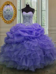 Lavender Sweet 16 Dresses Military Ball and Sweet 16 and Quinceanera and For with Beading and Ruffles and Pick Ups Sweetheart Sleeveless Lace Up