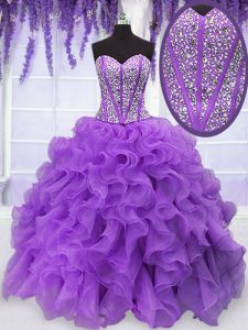Decent Purple Ball Gowns Sweetheart Sleeveless Organza Floor Length Lace Up Beading and Ruffles Ball Gown Prom Dress