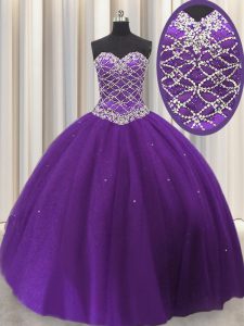Chic Eggplant Purple Lace Up Sweetheart Beading and Sequins 15th Birthday Dress Tulle Sleeveless