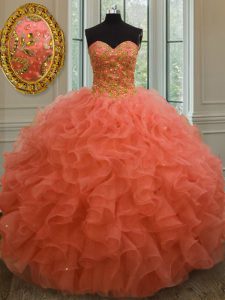Orange Red Sleeveless Floor Length Beading and Ruffles Lace Up Quinceanera Gowns
