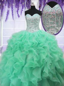 Vintage Apple Green Lace Up Sweetheart Ruffles and Sequins Quince Ball Gowns Organza Sleeveless