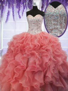 Suitable Sweetheart Sleeveless Ball Gown Prom Dress Floor Length Ruffles and Sequins Coral Red Organza