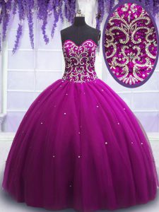 Fuchsia Lace Up Sweetheart Beading 15th Birthday Dress Tulle Sleeveless