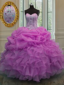 Glittering Lilac Lace Up Quinceanera Gown Beading and Ruffles and Pick Ups Sleeveless Floor Length