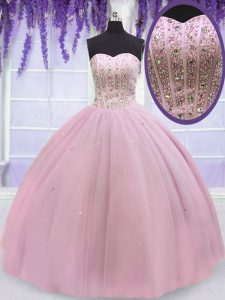 Noble Beading Vestidos de Quinceanera Baby Pink Lace Up Sleeveless Floor Length