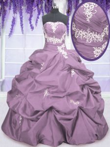 Lilac Taffeta Lace Up Strapless Sleeveless Floor Length Quince Ball Gowns Appliques and Ruching and Pick Ups