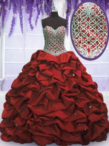 Popular Wine Red Taffeta Lace Up Quinceanera Gowns Sleeveless Floor Length Beading and Sequins and Pick Ups