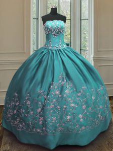 Teal Strapless Neckline Embroidery Quinceanera Gown Sleeveless Lace Up