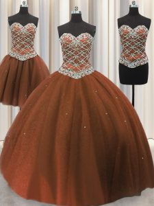 Custom Design Three Piece Brown Lace Up Sweetheart Beading and Sequins Ball Gown Prom Dress Tulle Sleeveless