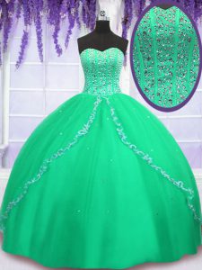 Sequins Green Sleeveless Tulle Lace Up Quinceanera Dresses for Military Ball and Sweet 16 and Quinceanera