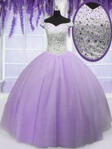 Off the Shoulder Lavender Ball Gowns Beading Quinceanera Gown Lace Up Tulle Short Sleeves Floor Length