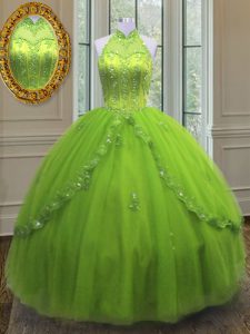 Sleeveless Floor Length Beading and Appliques Lace Up Quinceanera Dresses with Yellow Green
