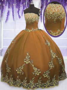 Chic Sleeveless Floor Length Appliques Zipper Ball Gown Prom Dress with Brown