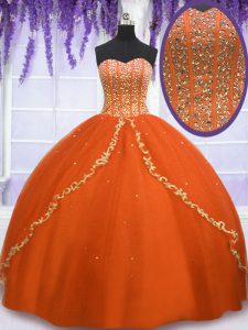 Custom Made Orange Red Ball Gown Prom Dress Military Ball and Sweet 16 and Quinceanera and For with Beading Sweetheart Sleeveless Lace Up