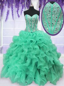 Exquisite Turquoise Ball Gowns Beading and Ruffles Vestidos de Quinceanera Lace Up Organza Sleeveless Floor Length