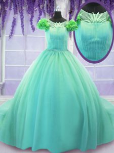 Unique Turquoise Ball Gowns Scoop Short Sleeves Tulle Court Train Lace Up Hand Made Flower Quinceanera Dress