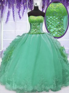 Dramatic Turquoise Sleeveless Floor Length Embroidery and Ruffles Lace Up 15th Birthday Dress