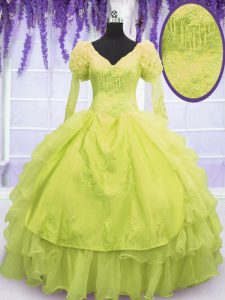 Designer Floor Length Yellow Green Quinceanera Dresses V-neck Sleeveless Lace Up