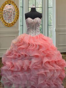 Sleeveless Organza Floor Length Lace Up Sweet 16 Dress in Watermelon Red with Beading and Ruffles