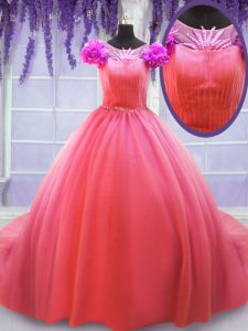 Extravagant Scoop Short Sleeves Lace Up Quince Ball Gowns Watermelon Red for Military Ball and Sweet 16 and Quinceanera with Hand Made Flower Court Train