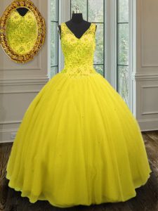 Yellow V-neck Neckline Beading Ball Gown Prom Dress Sleeveless Zipper