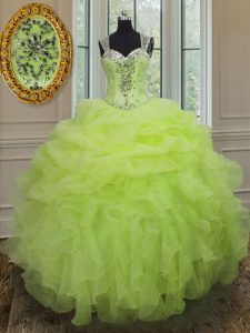 Straps Yellow Green Sleeveless Organza Zipper Quinceanera Gowns for Military Ball and Sweet 16 and Quinceanera