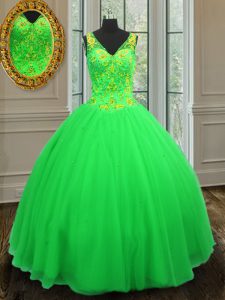 V-neck Sleeveless Zipper Ball Gown Prom Dress Green Tulle