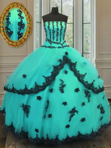 Appliques Vestidos de Quinceanera Turquoise Lace Up Sleeveless Floor Length