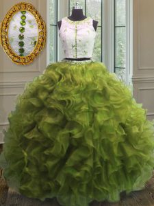 Glamorous Scoop Sleeveless Organza Floor Length Clasp Handle Quinceanera Dress in Olive Green with Appliques and Ruffles