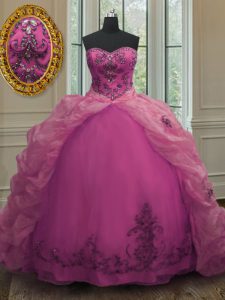 Low Price Fuchsia Lace Up Sweet 16 Quinceanera Dress Beading and Appliques and Pick Ups Sleeveless With Train Court Train